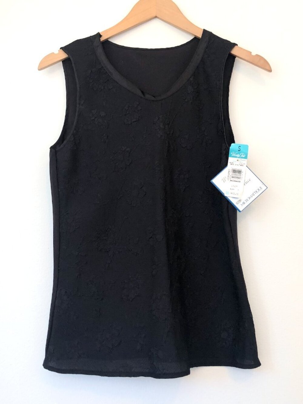 NEW NWT VINTAGE VTG VANITY FAIR Black Textured Floral Grunge Semi Sheer Tank Top